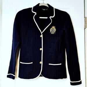 Vintage Lauren Ralph Lauren 90s Merino Wool Crest Blazer Navy with Piping